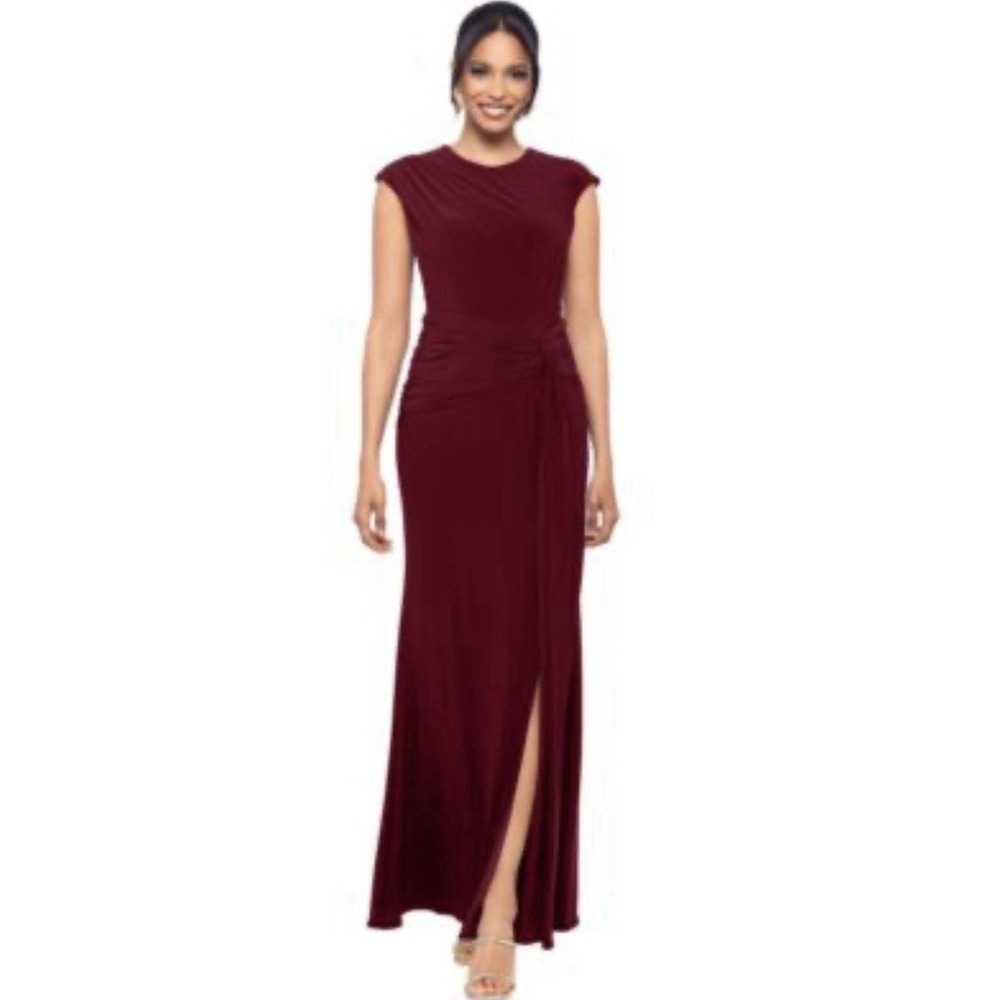 Betsy & Adam Women's Cap Sleeve Gathered Gown Dress Petite Size 2P Bordeaux